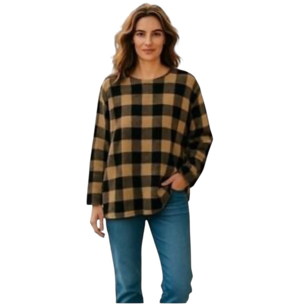 J. Jill Stretch Sweater Boxy Dropped Shoulder Camel and Black Buffalo Plaid  XL